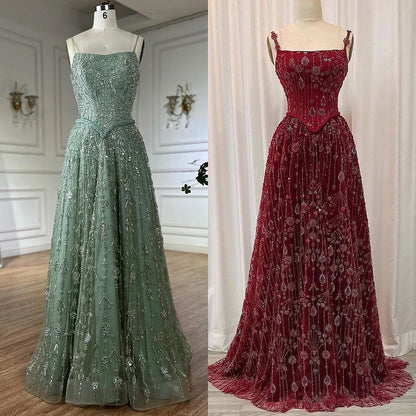Luxury Sage Green Beaded A Line Spaghetti Strap Evening Dresses Gown LA72805