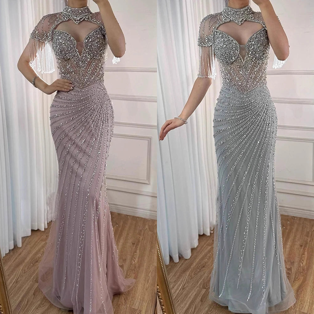 Luxury Pink Beaded Tassel Mermaid Evening Dress Long Gown LA73184