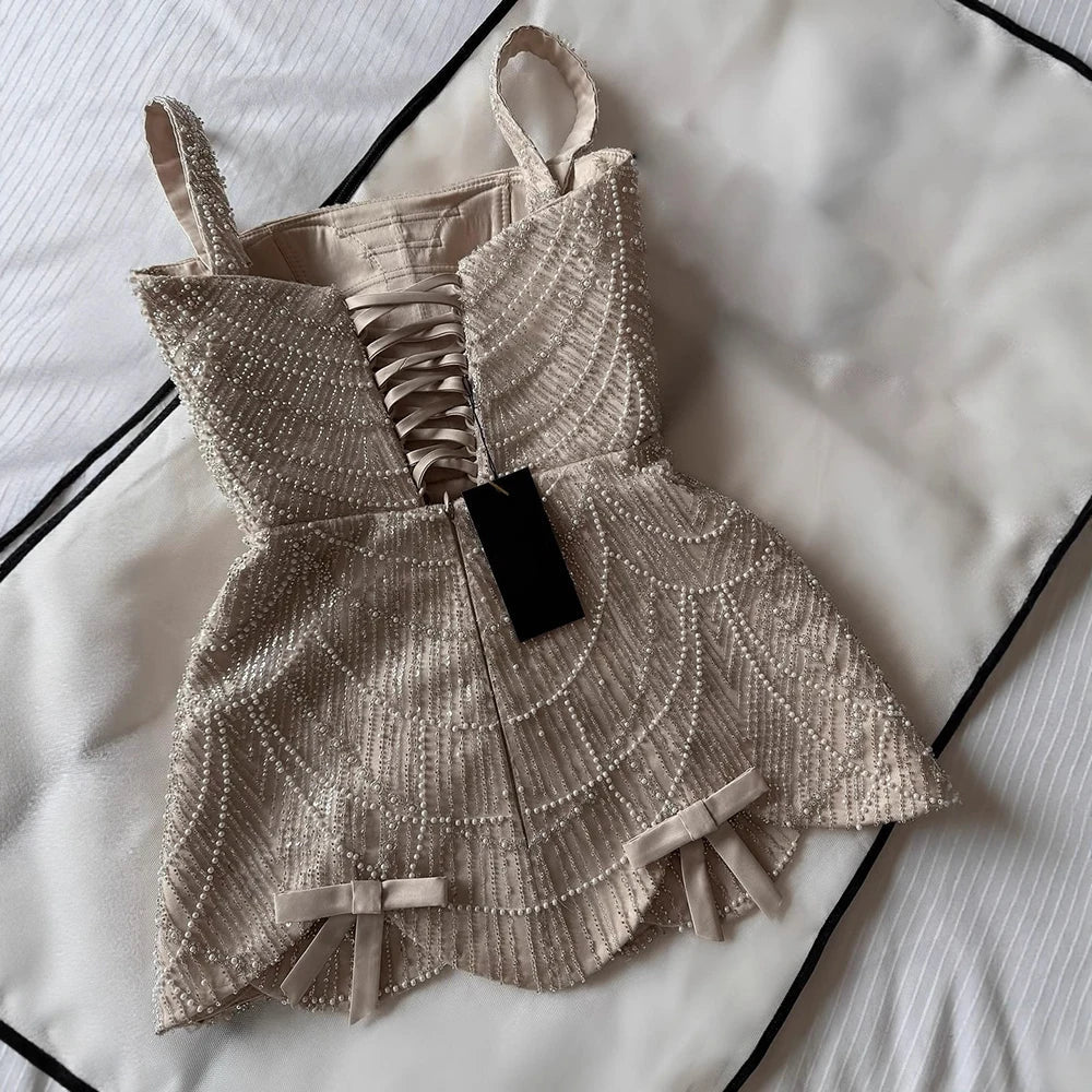 Luxury Nude Pearl Beaded A-Line Mini Evening Dress LA73211