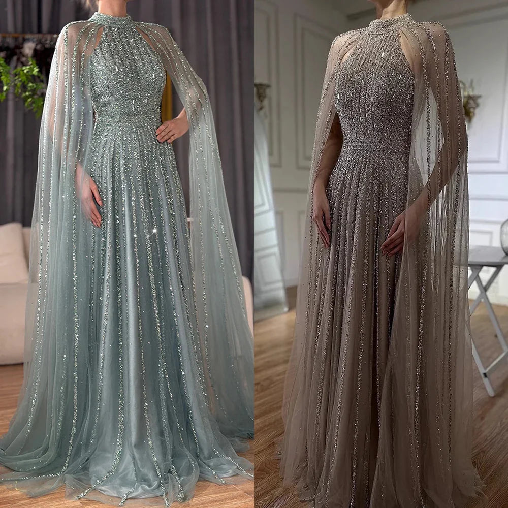 Luxury Caramel Beaded A-Line Evening Dress with Cape Sleeves LA72306B