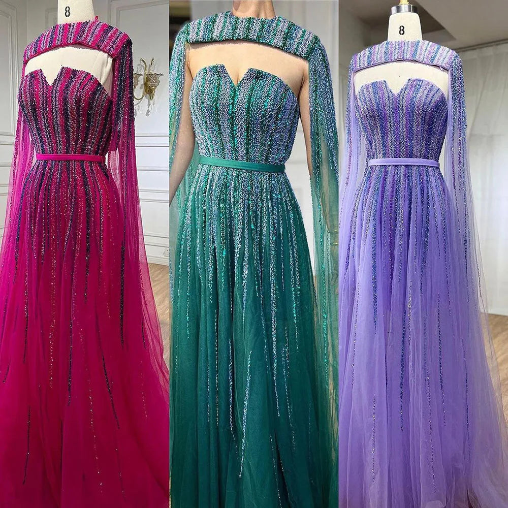 Luxury Dubai Fuchsia Evening Dress with Cape Sleeves LA71912