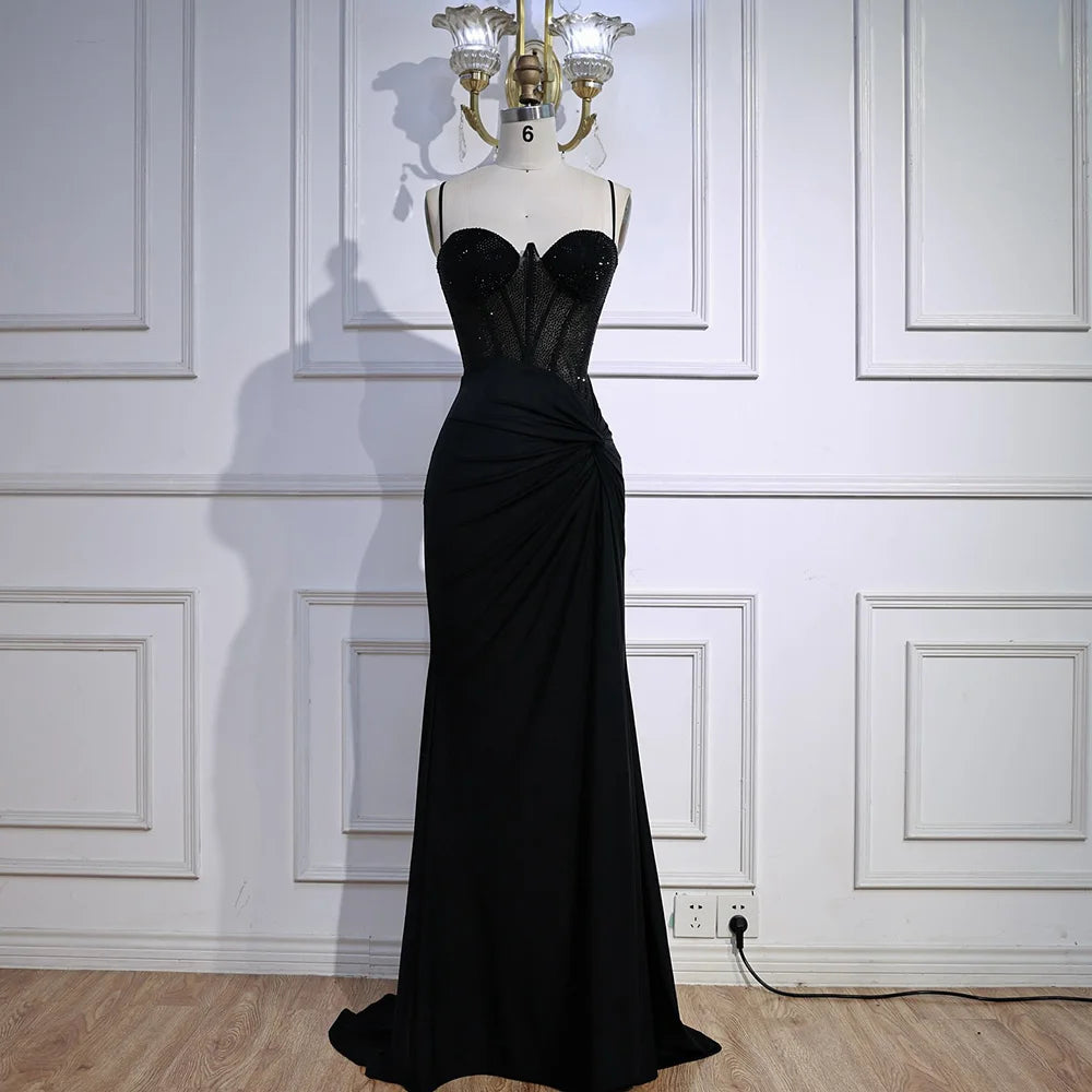 Luxury Black Beaded Mermaid Prom Dress with Spaghetti Straps LA73039