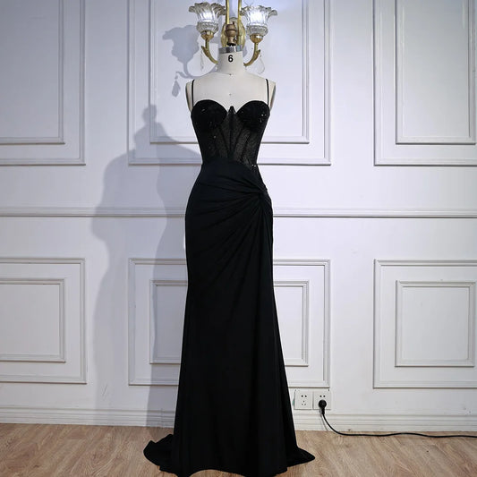 Luxury Black Beaded Mermaid Prom Dress with Spaghetti Straps LA73039