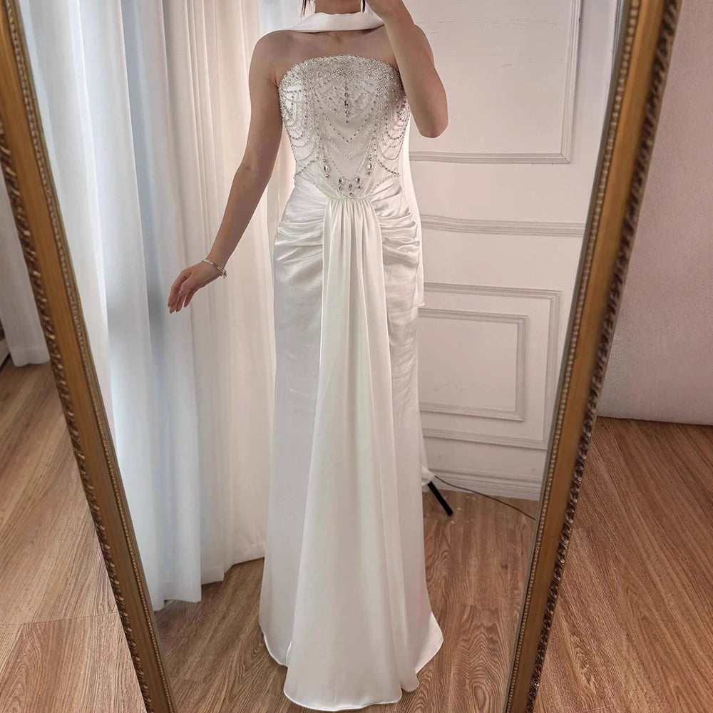 White Strapless Beaded Evening Dress with Gloves LA73086