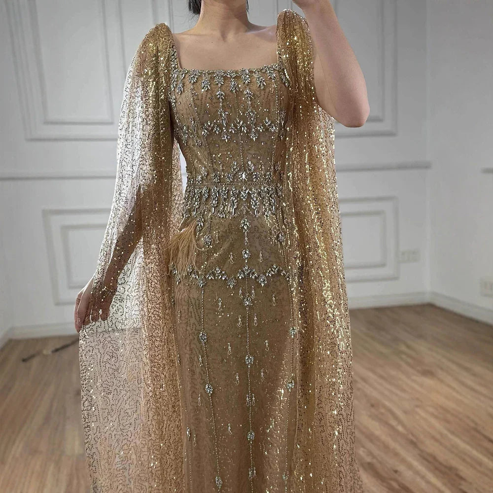 Bling Gray Mermaid Feather Arabic Midi  Evening Dress with Cape LA72334