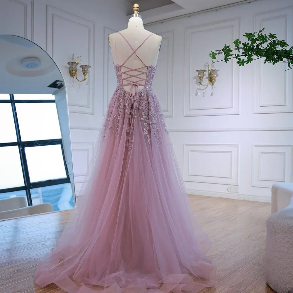 Luxury Pink Tulle A Line Prom Dress with Appliques LA73009