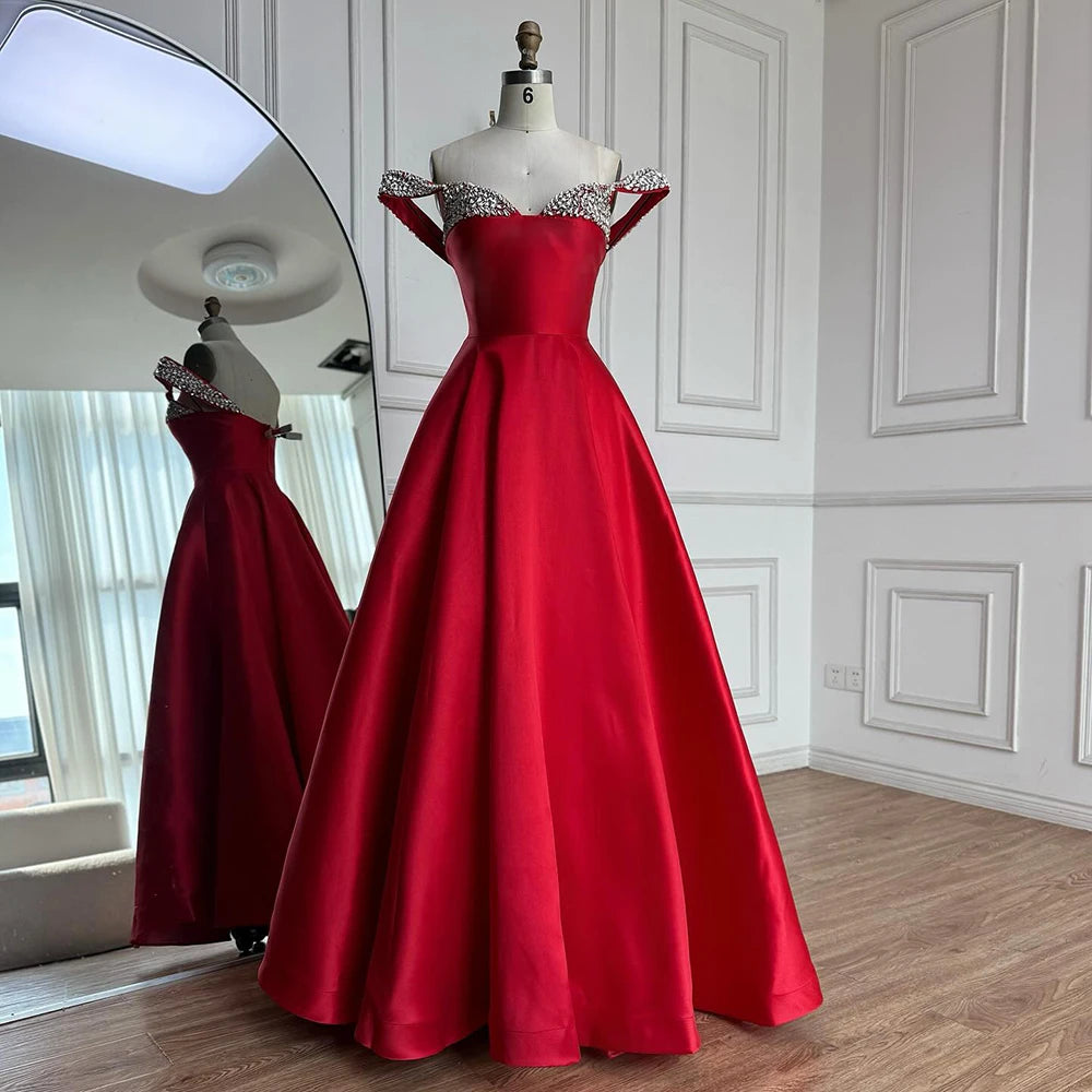 Luxury Red Beaded A-Line Prom Dress with Spaghetti Straps LA73049