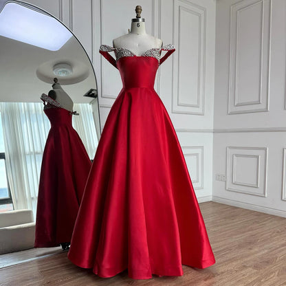Luxury Red Beaded A-Line Prom Dress with Spaghetti Straps LA73049