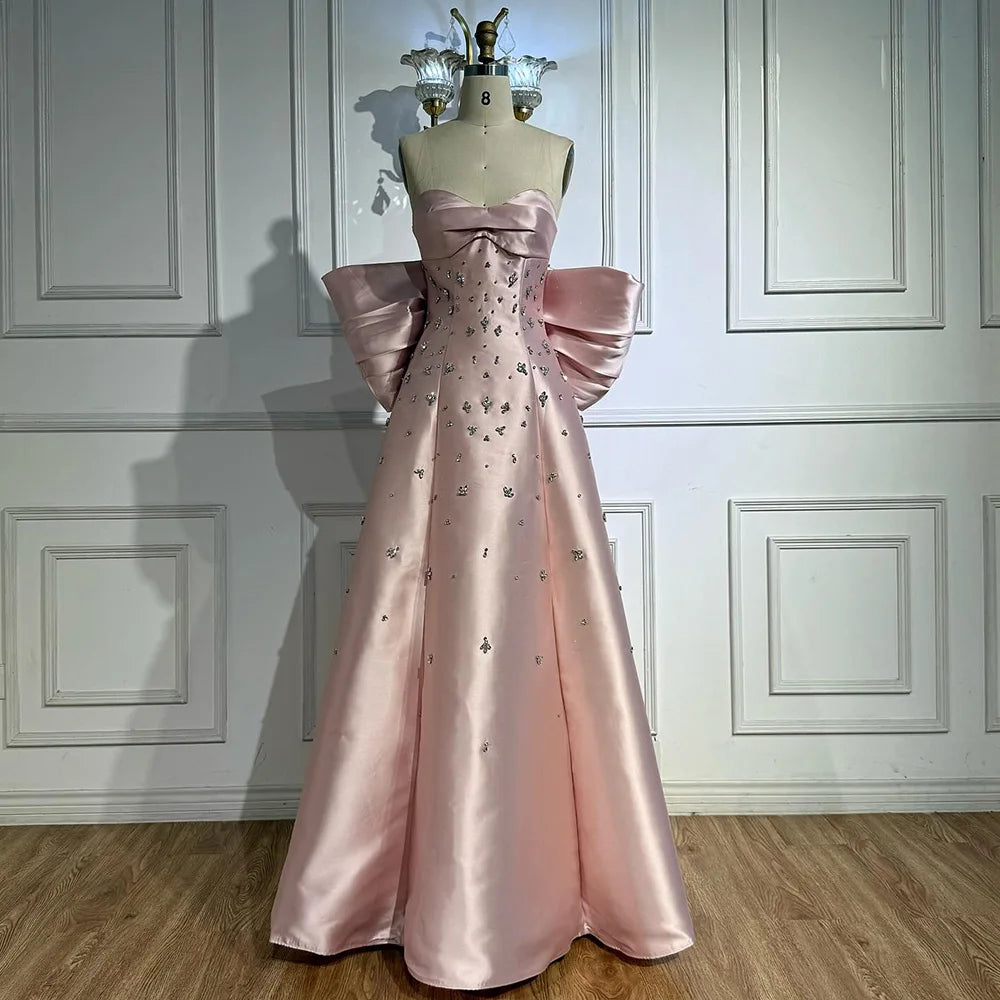 Pink Satin Strapless Mermaid Evening Dress with Big Bow LA72414B