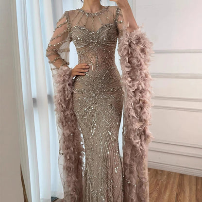 Luxury Caramel Crew Neck Beaded Mermaid Evening Dress  LA72708A
