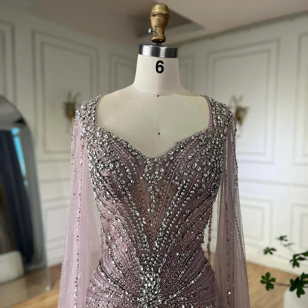 Luxury Dubai   Nude Cape Sleeves Beaded Saudi Arabic Evening Dresses Gowns for Formal Occasion LA72575A