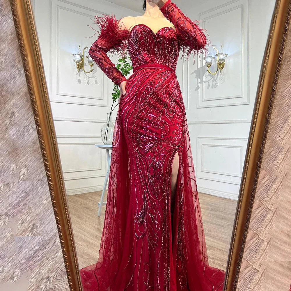 Luxury Arabic Nude Mermaid High Split Feather Beaded Evening Dress LA71910