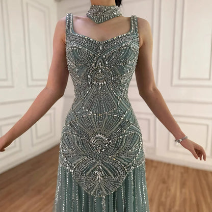 Luxury Turquoise Arabic Mermaid Beaded Evening Dress LA73189B