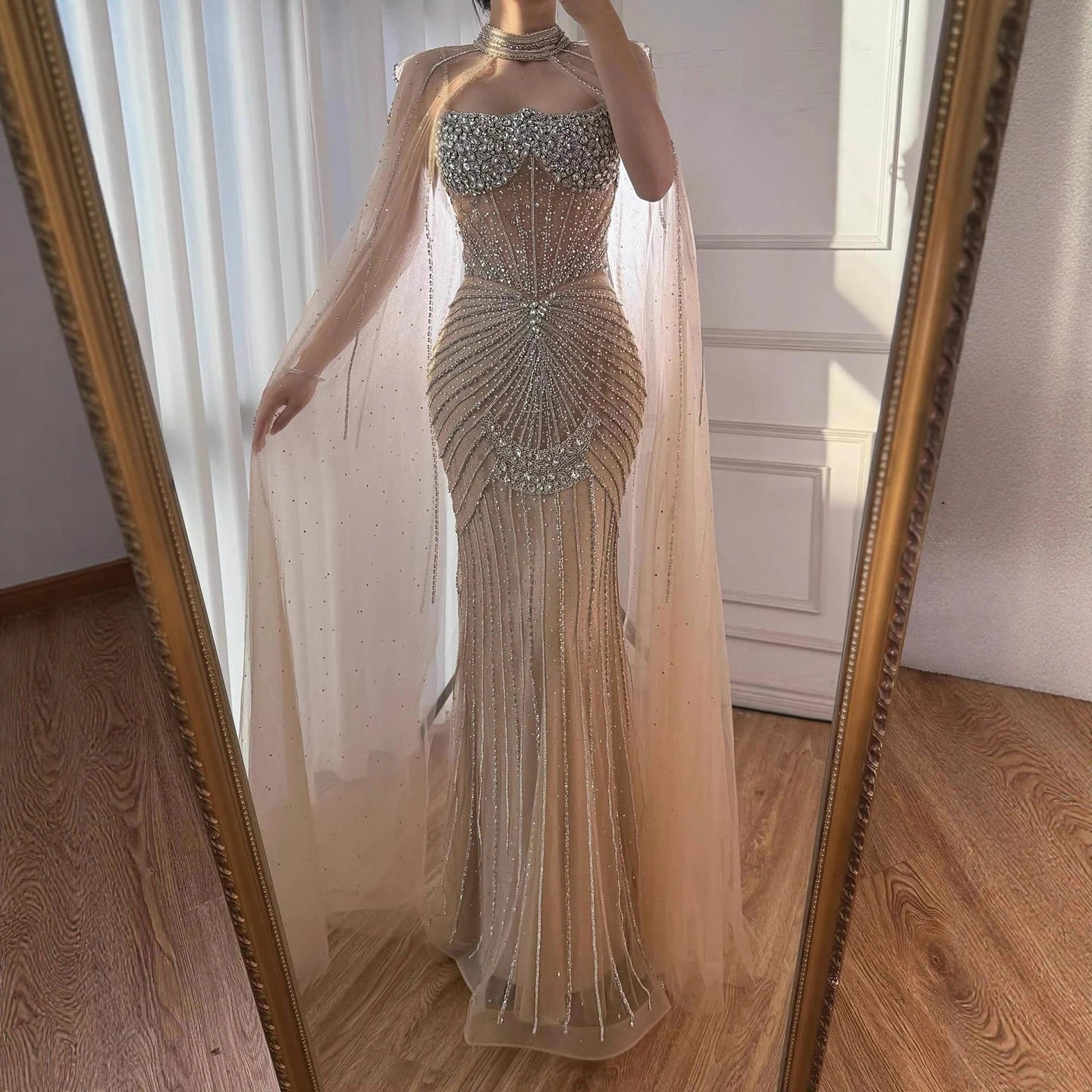 Luxury Turquoise Crystal Beaded Evening Dress with Cape LA73202