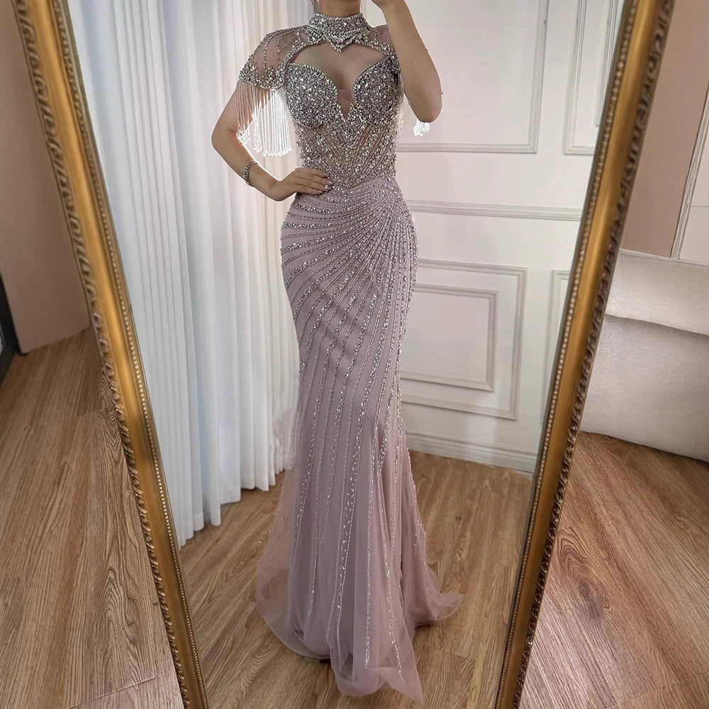 Luxury Pink Beaded Tassel Mermaid Evening Dress Long Gown LA73184