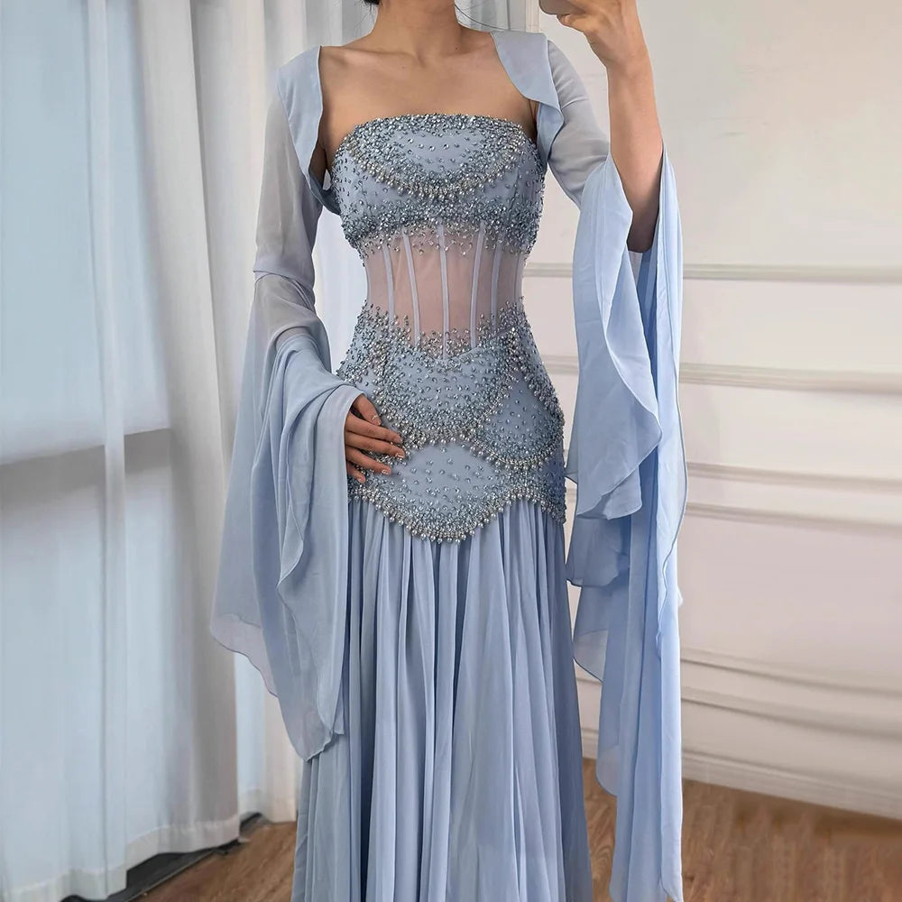 Luxury Blue Evening Dress with Pearls Tassels and Flowing Coat LA72978A