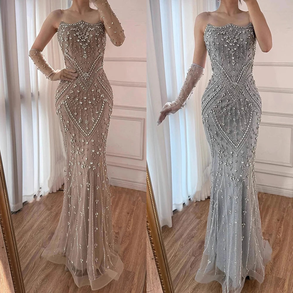 Luxury Caramel Crystal Beaded Mermaid Evening Gown with Gloves LA73186