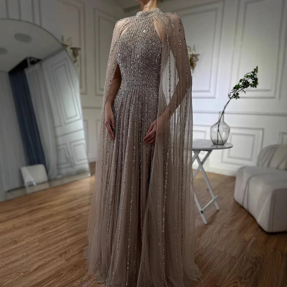 Luxury Caramel Beaded A-Line Evening Dress with Cape Sleeves LA72306B