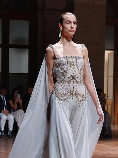 Luxury Gray Chiffon Cape Evening Dress with Beaded Bodice LA73123
