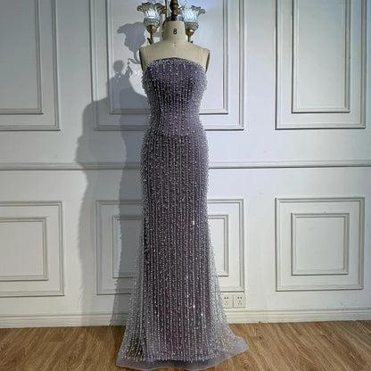Elegant Crystal Beaded   Lilac Mermaid Evening Gown LA72950
