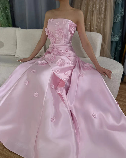 Luxury Pink Ruched Appliques Satin Mermaid Evening Dress Gown Lace-Up Back for Formal Occasion LA72740