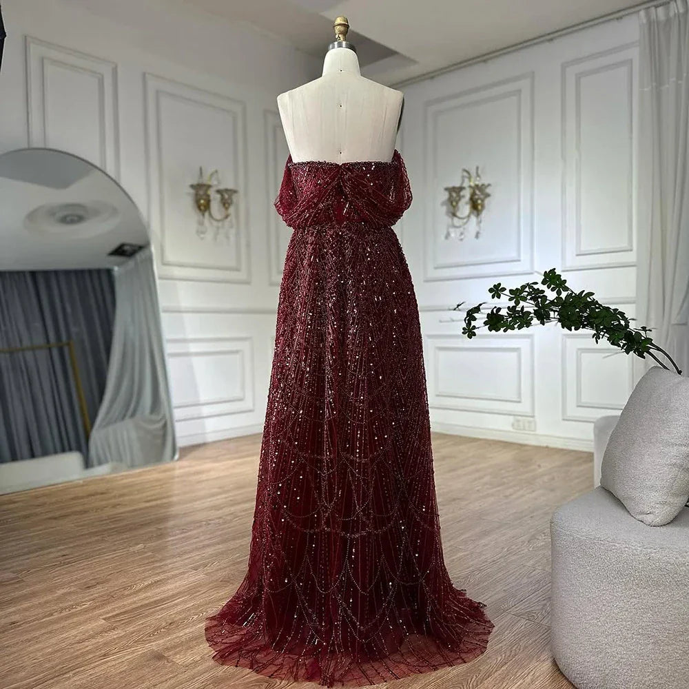 Luxury Nude Off Shoulder A-Line Evening Gown with Pearl Beading LA72738A