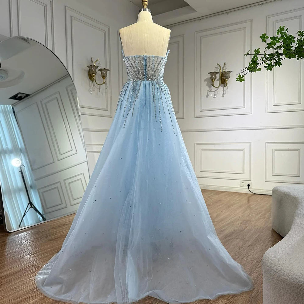 Luxury Dubai Nude Beaded Mermaid Evening Dress with Overskirt LA72811