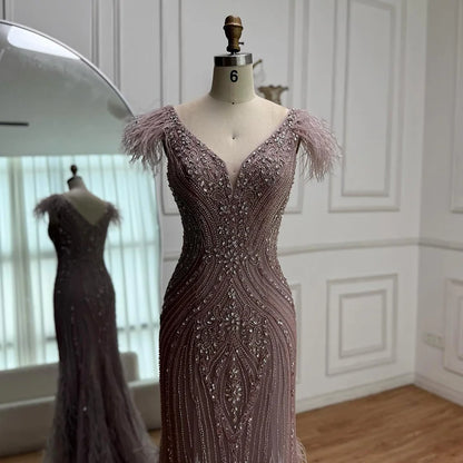 Luxury Pink Feathered Mermaid Evening Dress with Beaded Hem LA73098