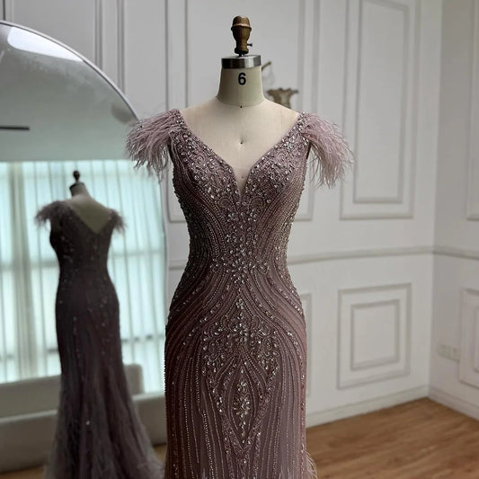 Luxury Pink Feathered Mermaid Evening Dress with Beaded Hem LA73098