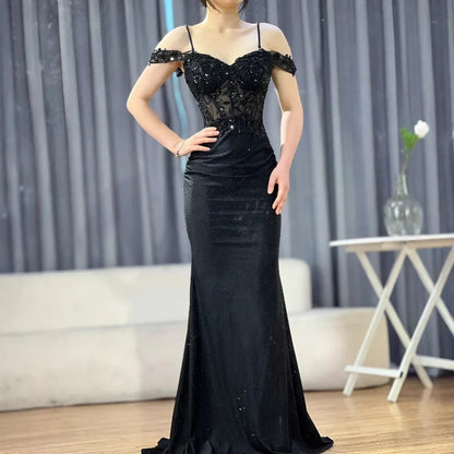 Classy Black Off-Shoulder Lace Prom Dress LA72999