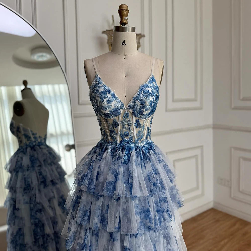 Elegant  Blue Tiered Spaghetti Strap A-Line Evening Dress LA73171