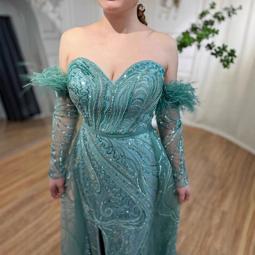Luxury Arabic Nude Mermaid High Split Feather Beaded Evening Dress LA71910