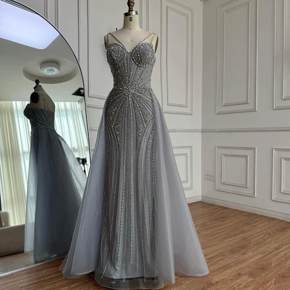 Luxury Nude Spaghetti Strap Mermaid Evening Dress with Overskirt Beaded LA73090A