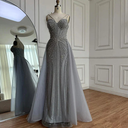 Luxury Nude Spaghetti Strap Mermaid Evening Dress with Overskirt Beaded LA73090A