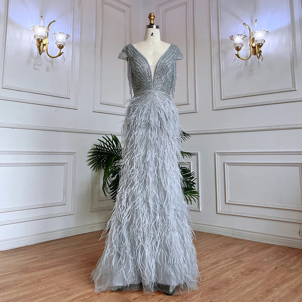 Luxury  Brown Mermaid Elegant Beaded Evening Dress Gown with Feathers LA70801