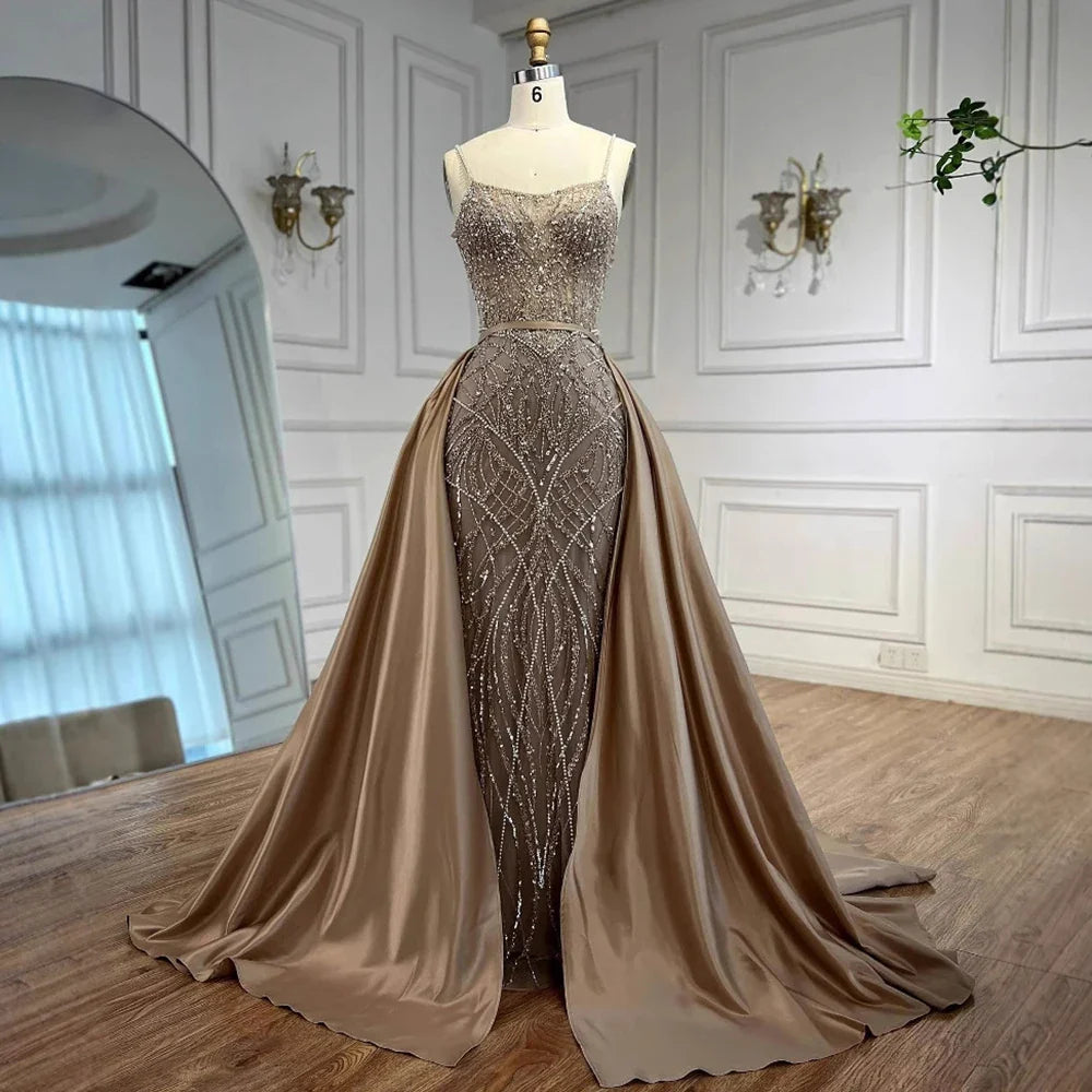 Luxury Caramel Beaded Evening Dress with Detachable Overskirt LA72733A