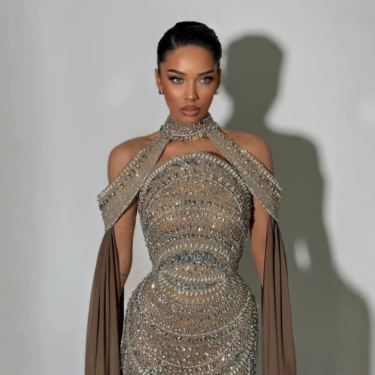 Luxury Caramel Kosovo Beaded Evening Dress with Cape LA73344