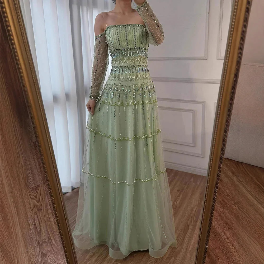 Luxury Sage Green Beaded Mermaid Evening Dress LA72350