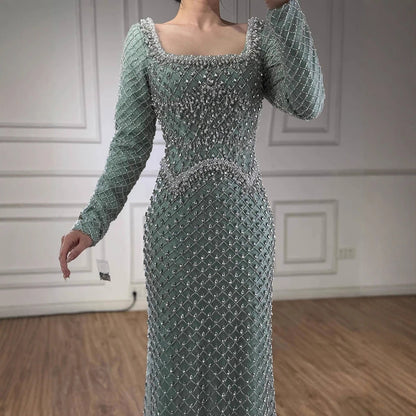 Luxury Pearl Beaded Mermaid Evening Dress with Long Sleeves LA72919A