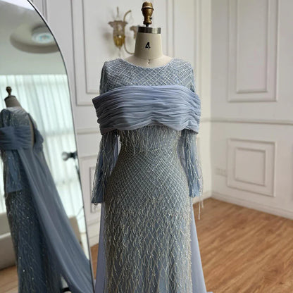 Arabic Blue Mermaid Evening Dress with Beaded Tassels LA72374A