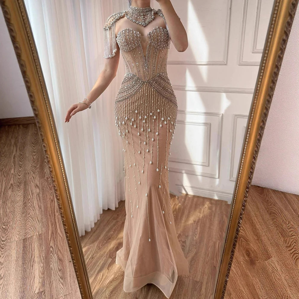 Luxury Nude Pearl Beaded Tassel Mermaid Evening Dress LA73183