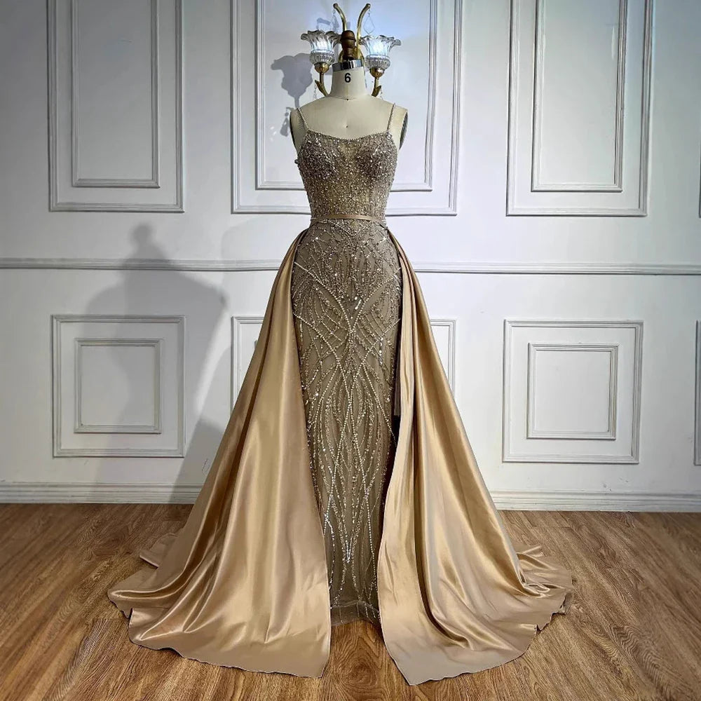 Luxury Caramel Beaded Evening Dress with Detachable Overskirt LA72733A