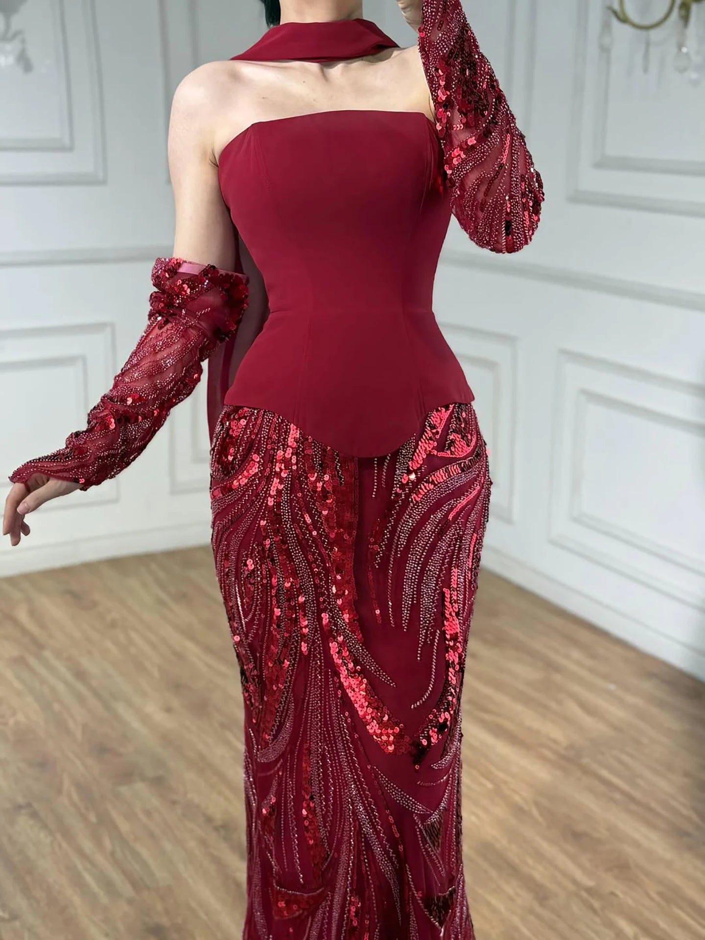 Luxury Wine Red Mermaid Evening Dress With Gloves LA73050E