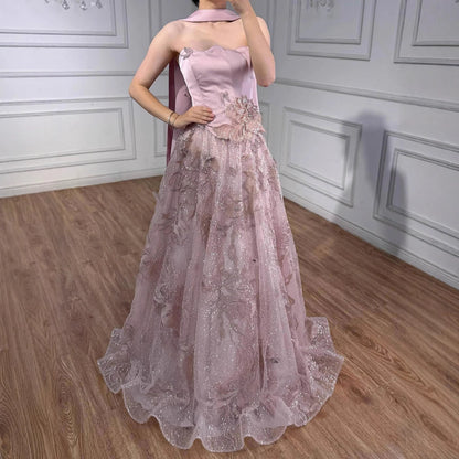 Luxury Pink Two Pieces A-Line Evening Dress with Cape LA73415