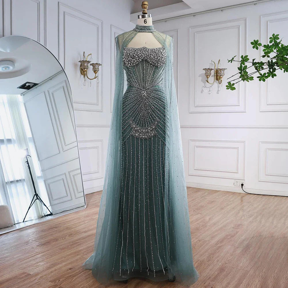 Luxury Turquoise Crystal Beaded Evening Dress with Cape LA73202