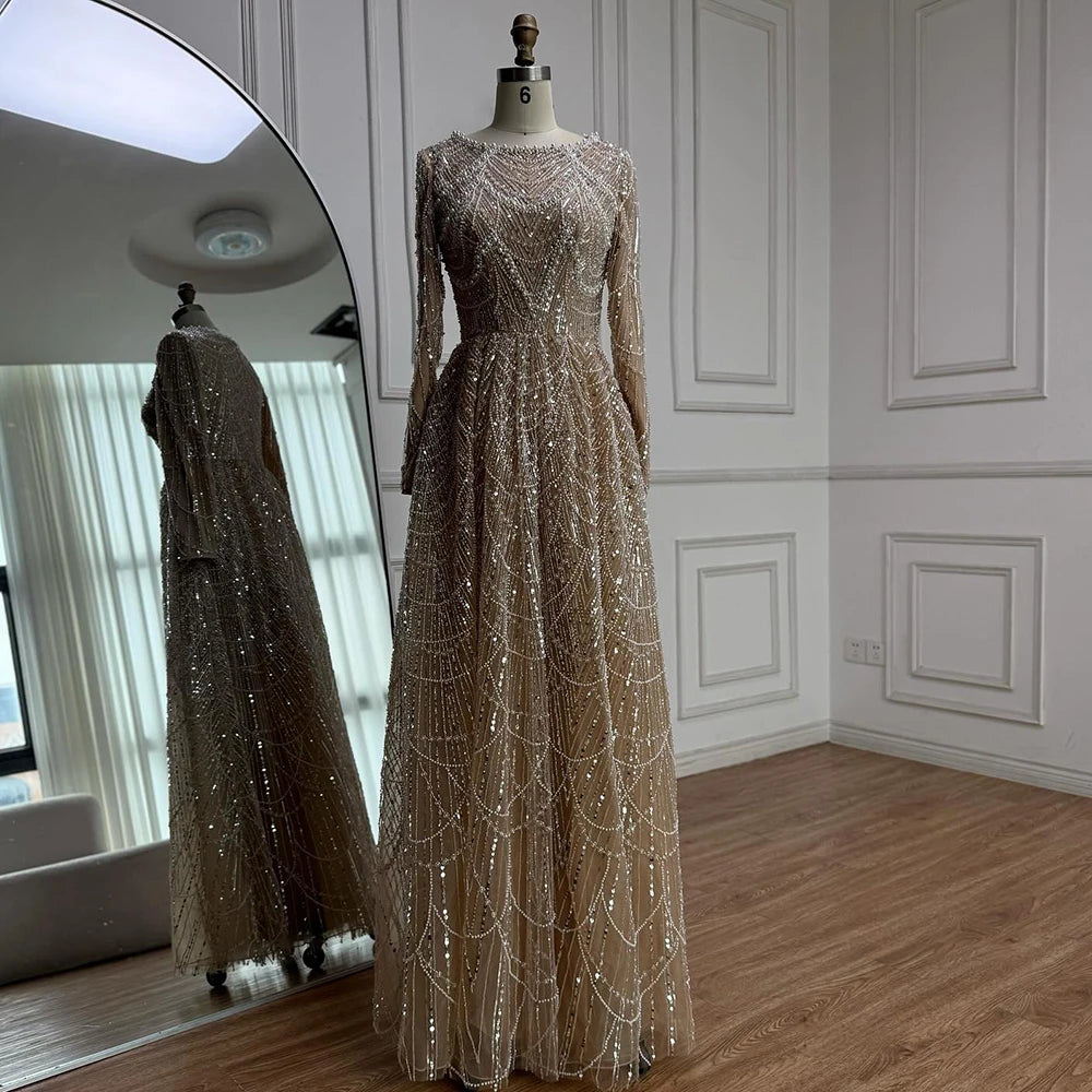 Luxury Olive Green Beaded A-Line Evening Dress Long Sleeves LA72738B