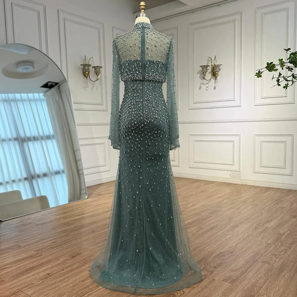 Luxury Turquoise Beaded Mermaid Evening Dress with Detachable Top LA73095