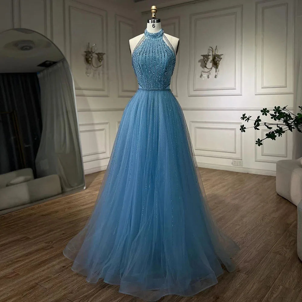 Luxury Arabic Blue Sequin Tassel Halter A Line Evening Dress LA72227