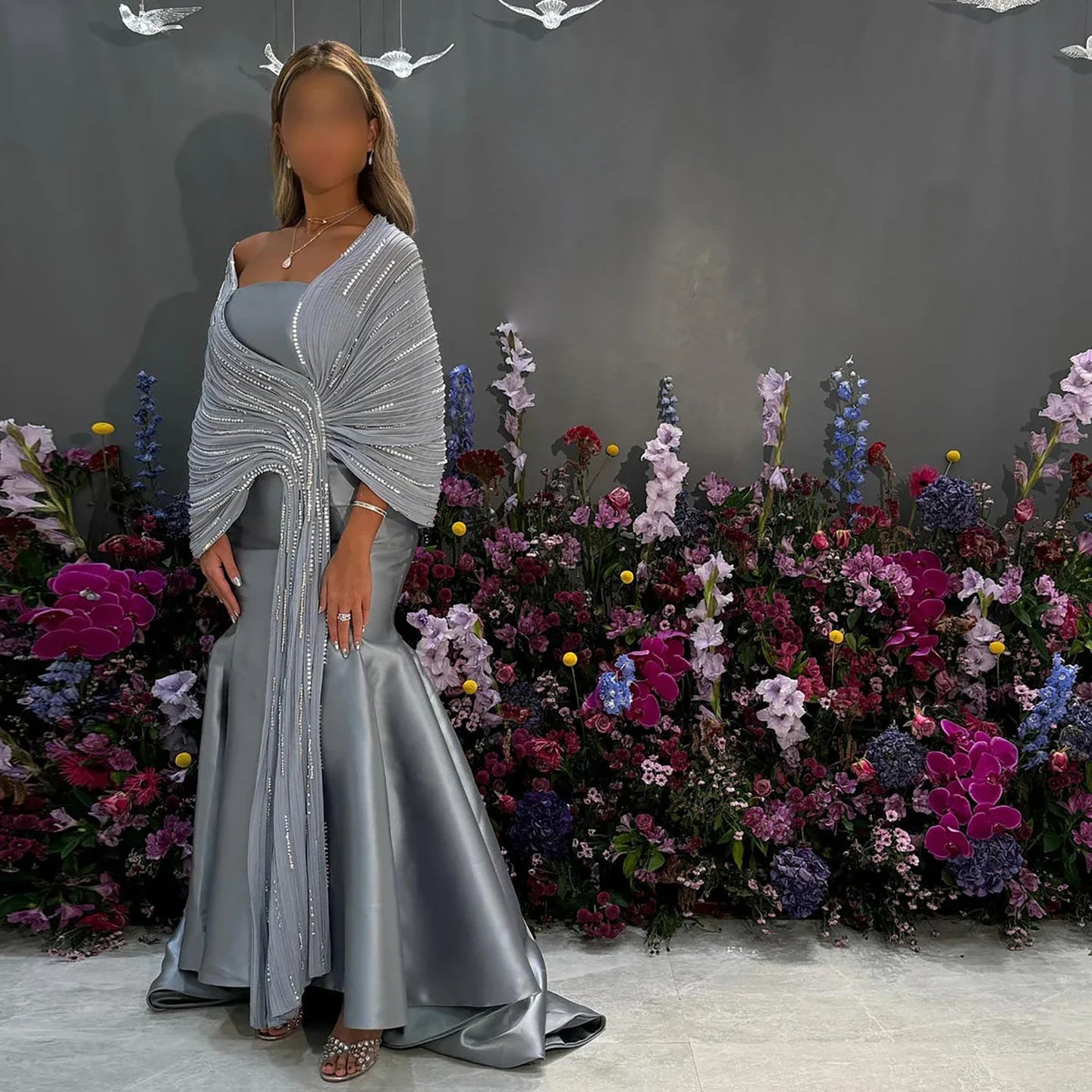 Luxury Dubai Grey Peach Arabic Evening Gown with Ruffles Shawl LA73270