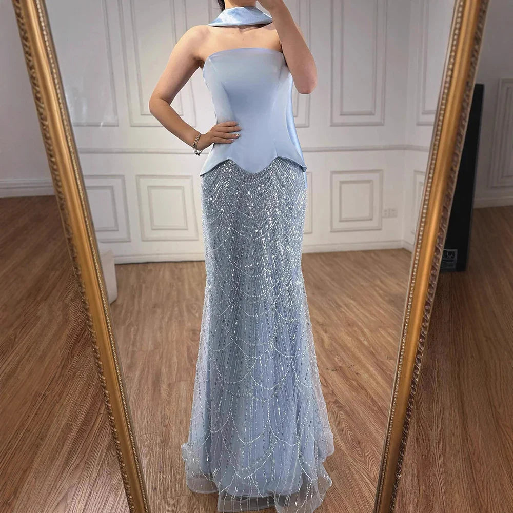 Blue Arabic Dubai Designer A-Line Evening Dress for Women Party LA73216